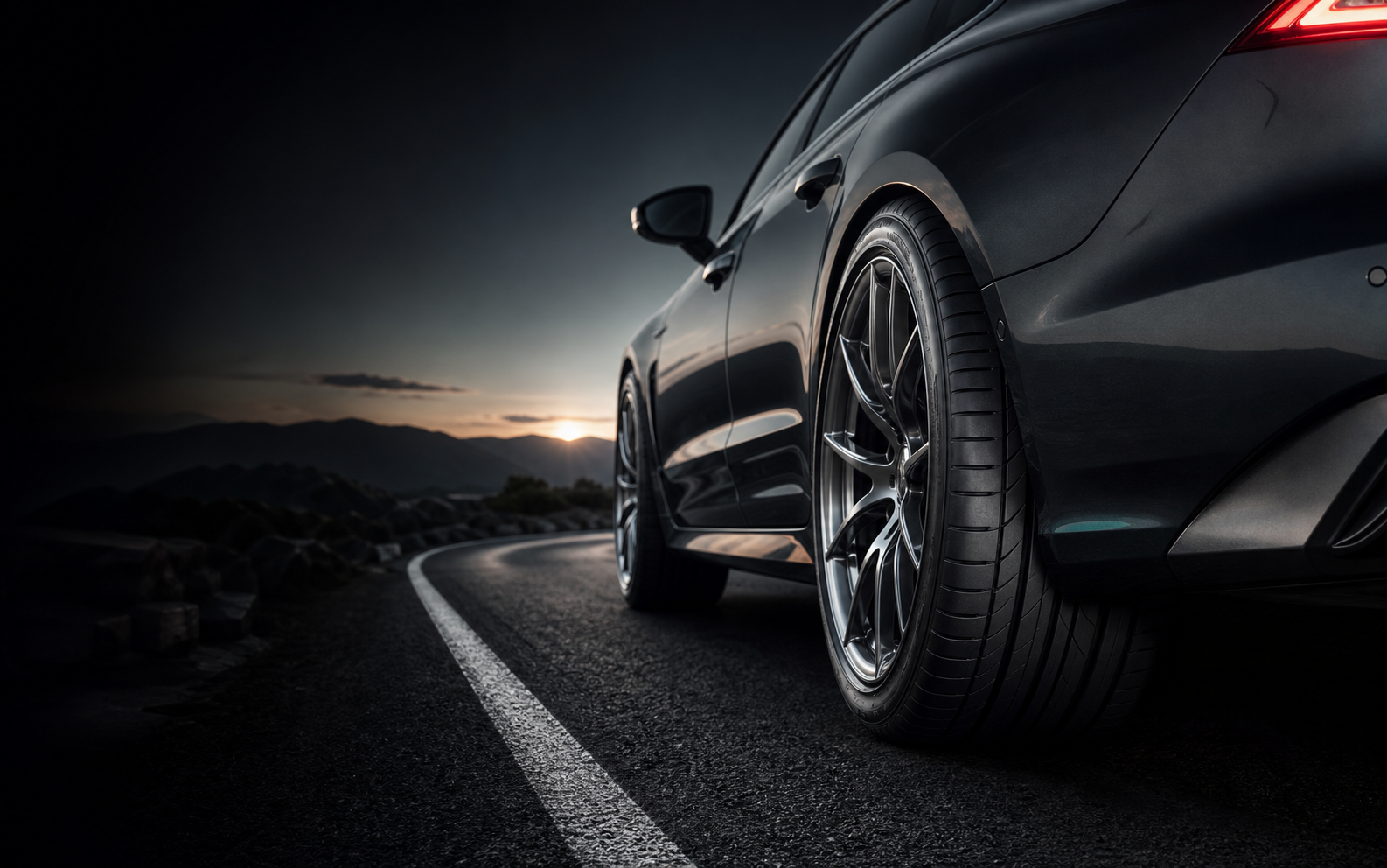 Performance tire on a dark sports sedan on a mountain road