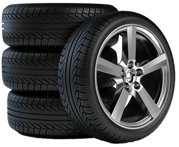 Stack of premium tires and alloy wheel